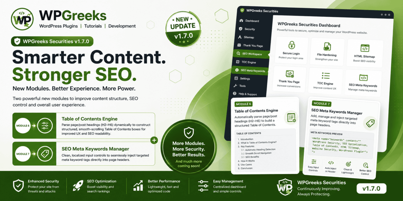 WPGreeks Securities 1.7.0 Released Introducing Table of Contents Engine & SEO Meta Keywords Manager